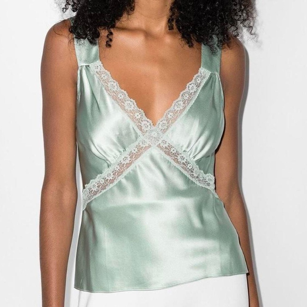 Reformation Mint Green Satin Lace-Trim Tank Top